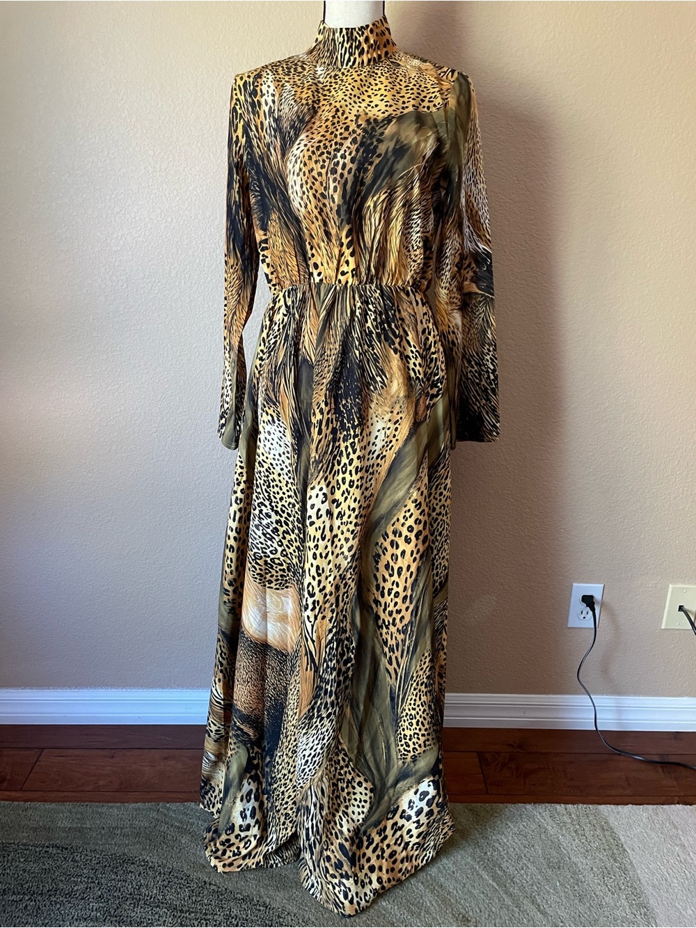 NWT leopard Print Mock Neck Long Sleeve Flowy Maxi Boho Chic Statement Gown S